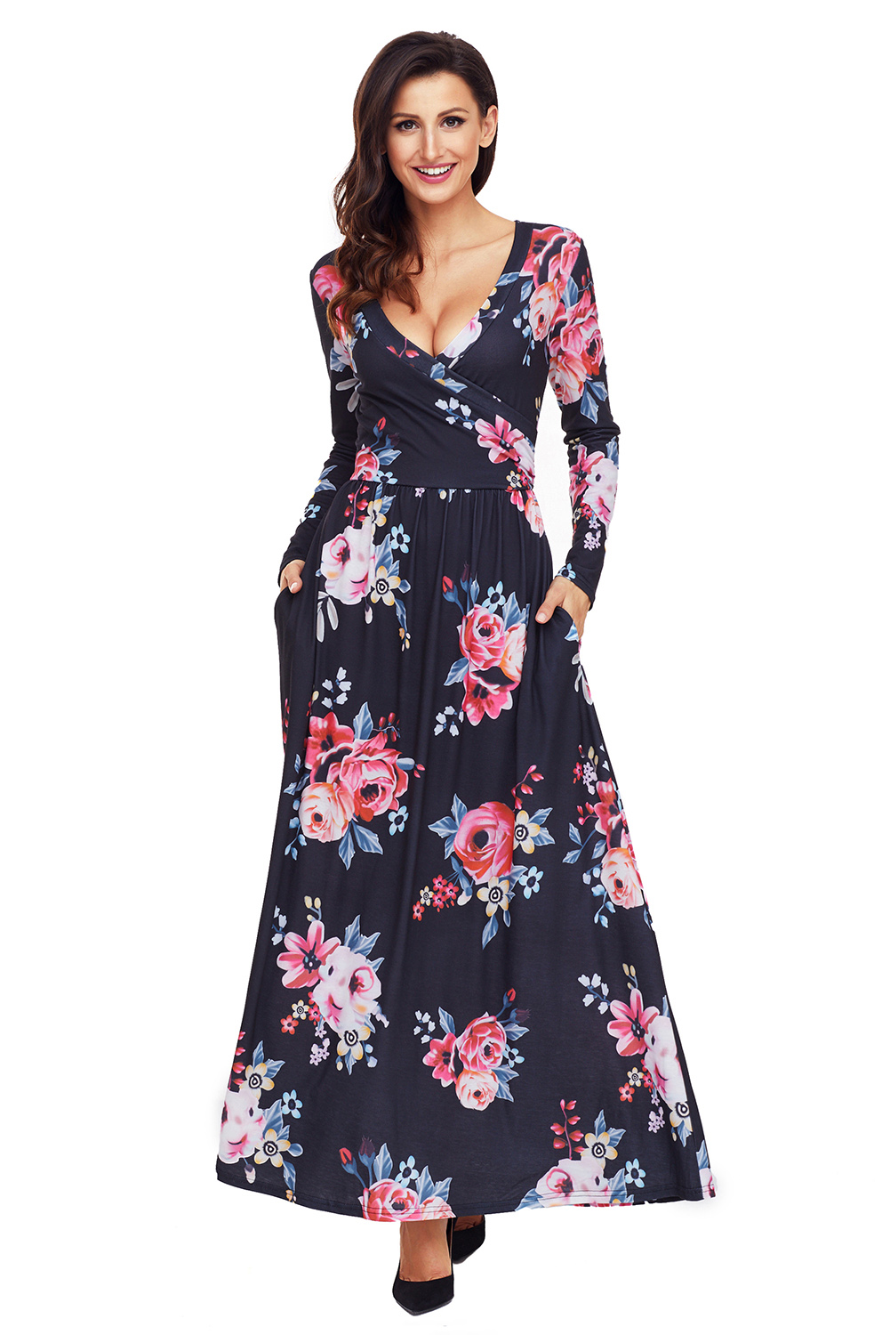 BY61772-2 Black Floral Surplice Long Sleeve Maxi Boho Dress